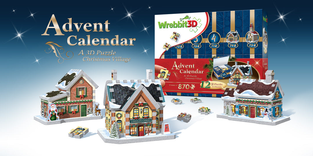 Wrebbit 3D Christmas village advent calendar with miniature houses and packaging on a blue gradient background.